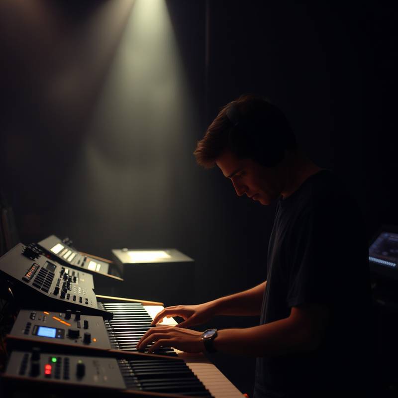 Billede af en person der arbejder med synthesizere og elektronisk musikudstyr