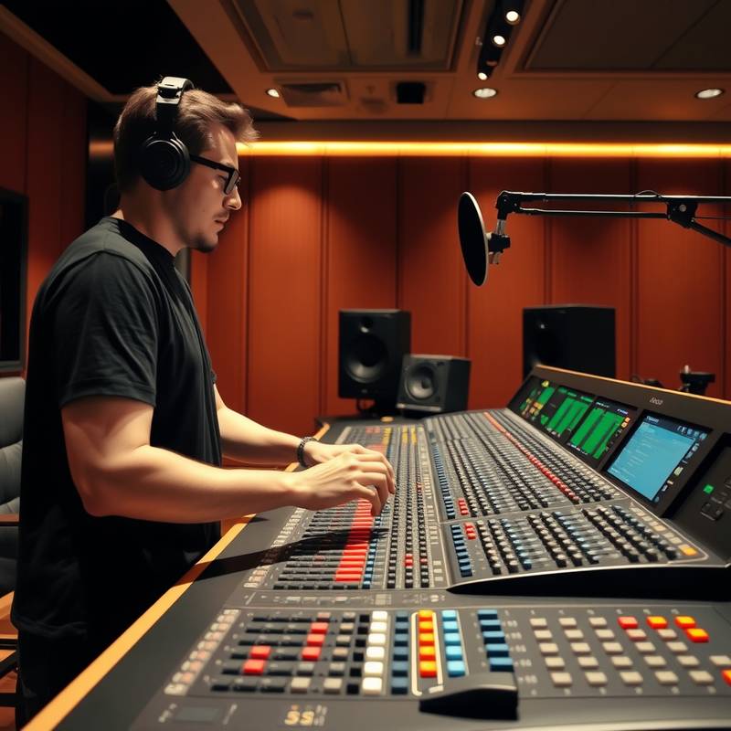 Billede af en person der mixer lyd ved et stort mixerbord i et professionelt lydstudie