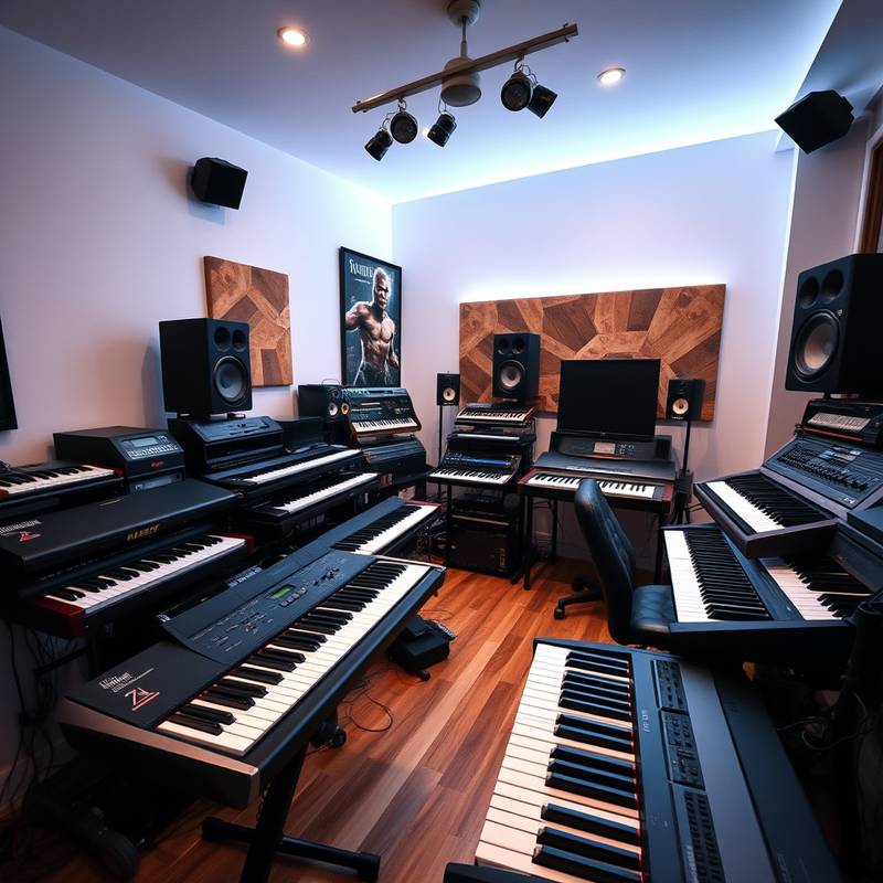 Billede af forskellige keyboards og synthesizere i et musikstudie