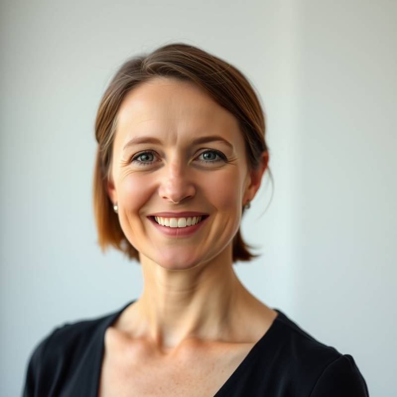 Portrætfoto af Anna Christensen, grundlægger og hovedinstruktør hos Lydmesteren Akademiet. Hun smiler venligt og har kort, brunt hår.